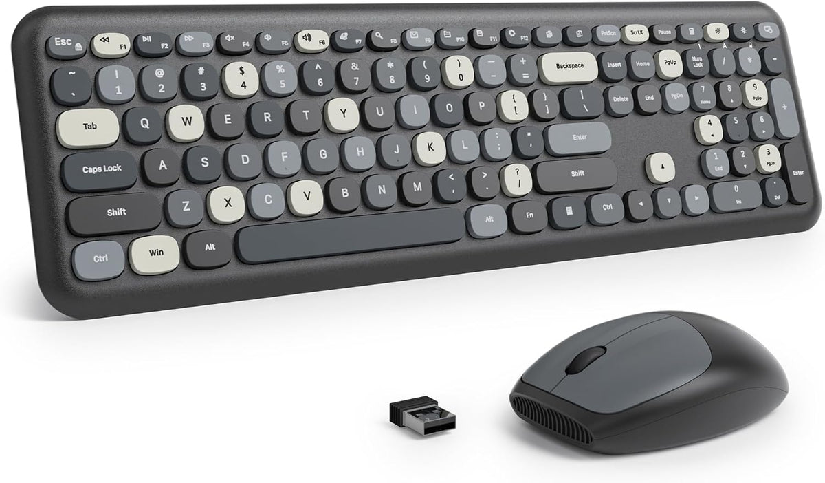 Surmen Colorful Black Quiet Keyboard and Mouse Wireless, Full-Size Girly Slie...