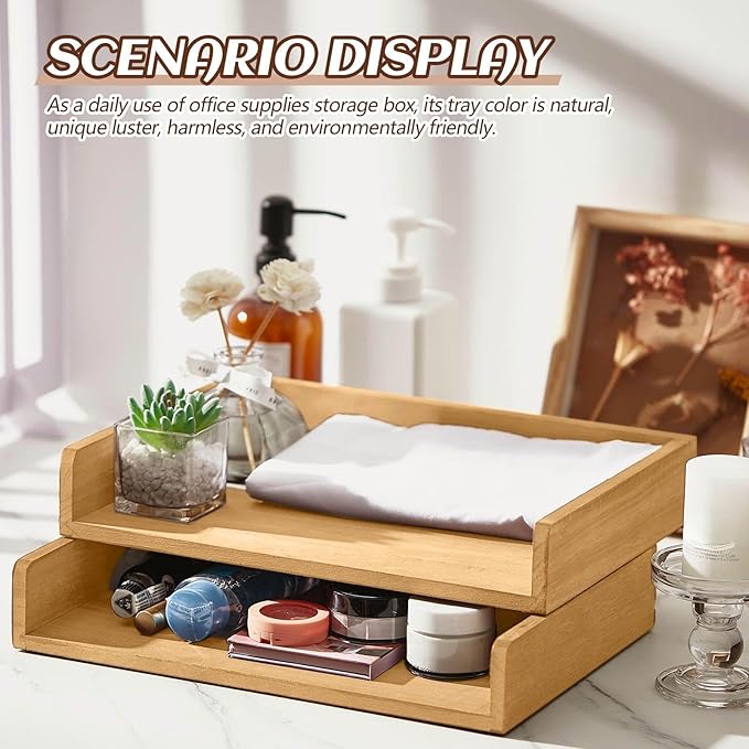 Yeaqee 4 Pcs Stackable Paper Organizer Tray Wood Desk Organizer Letter Tray - Image 4