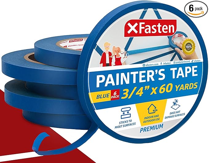 XFasten Blue Painters Tape 3/4 Inch Wide x 60 Yards 6-Pack, UV Residue-Free by XFasten