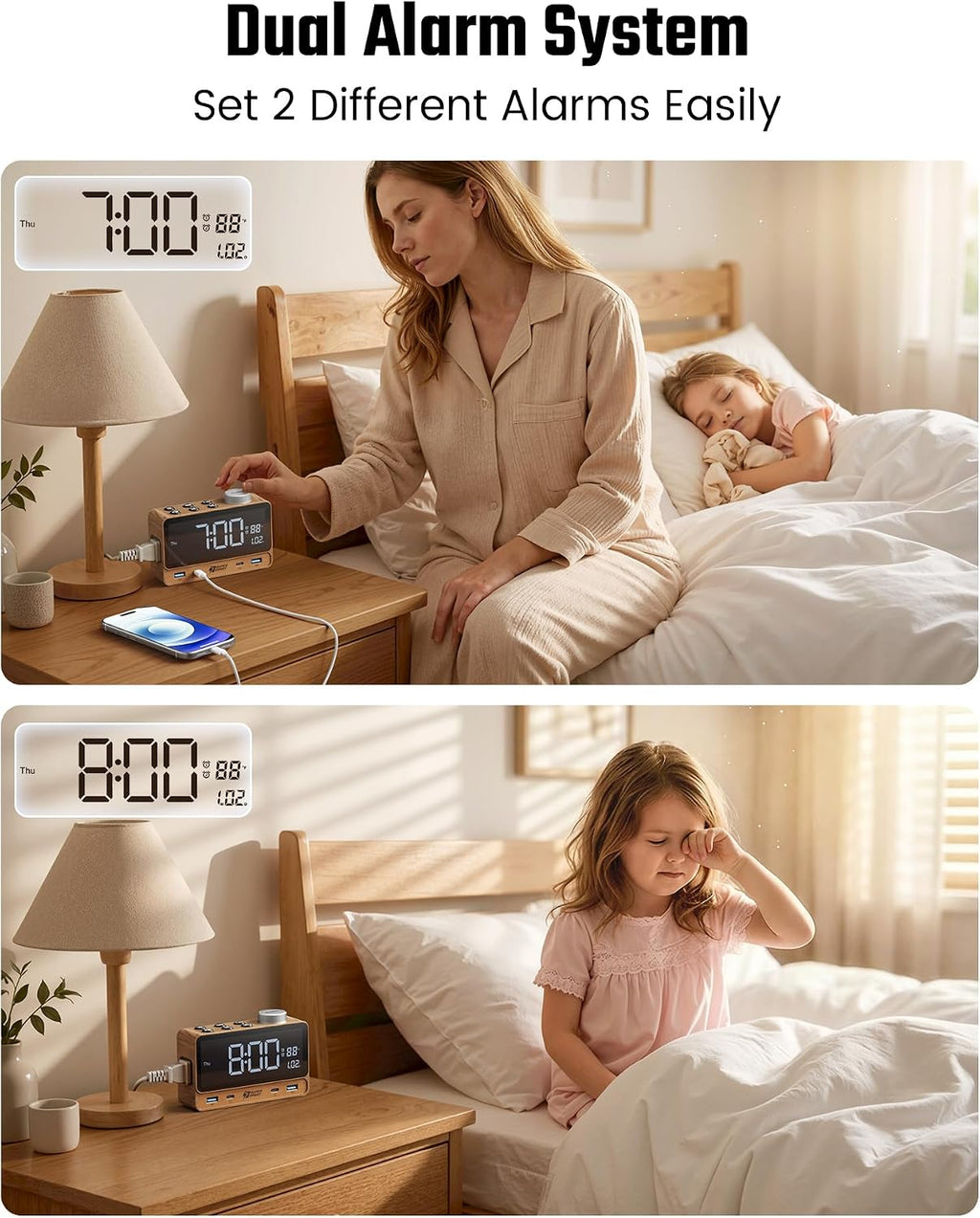 superdanny alarm clock with pd 20w, 4 usb, side view