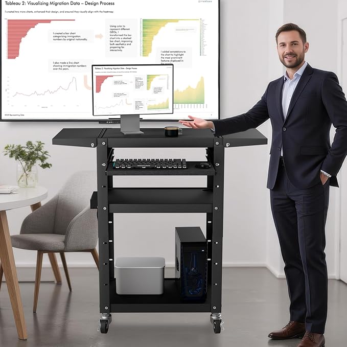 Mobile AV Cart with Pullout Keyboard Tray, Rolling Computer Cart Height - Image 6
