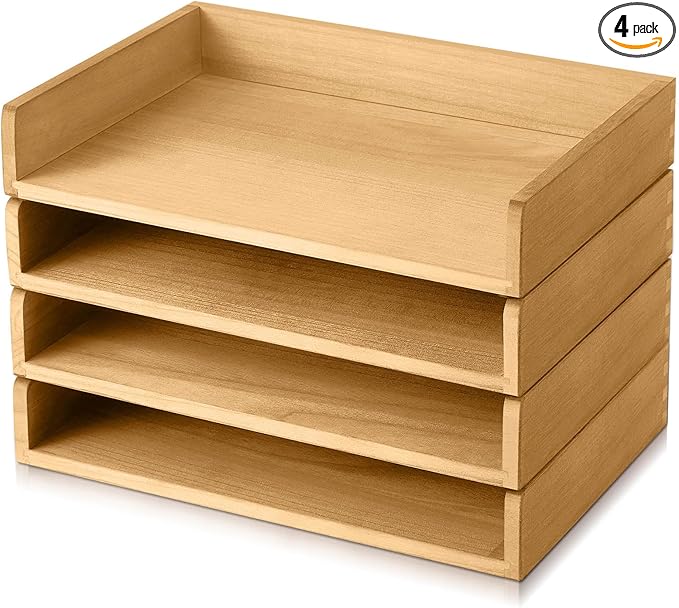 Yeaqee 4 Pcs Stackable Paper Organizer Tray Wood Desk Organizer Letter Tray by Yeaqee