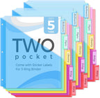 SKYDUE Binder Dividers with Two Pockets, 3Sets, 5 Tabs Dividers for 3 Ring Binder, Plastic Binder Dividers with Tabs for School, Office, and Home Organization