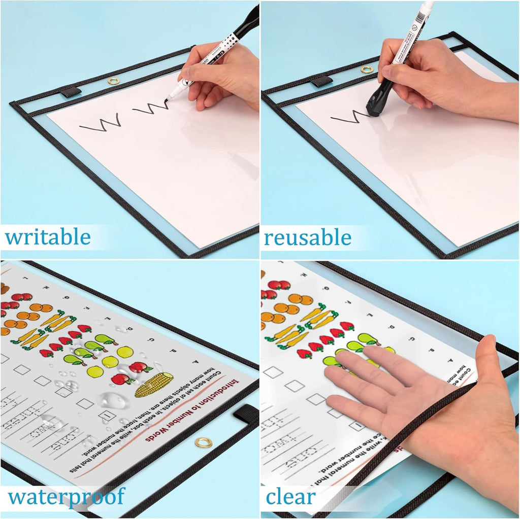 Ndsox 5 Packs Oversized Dry Erase Pockets Reusable Plastic Sleeves Clear Job Ticket Holders Heavy Duty Transparent Hanging Sheet Protectors for Teacher Classroom School Office Work Warehouse, Black