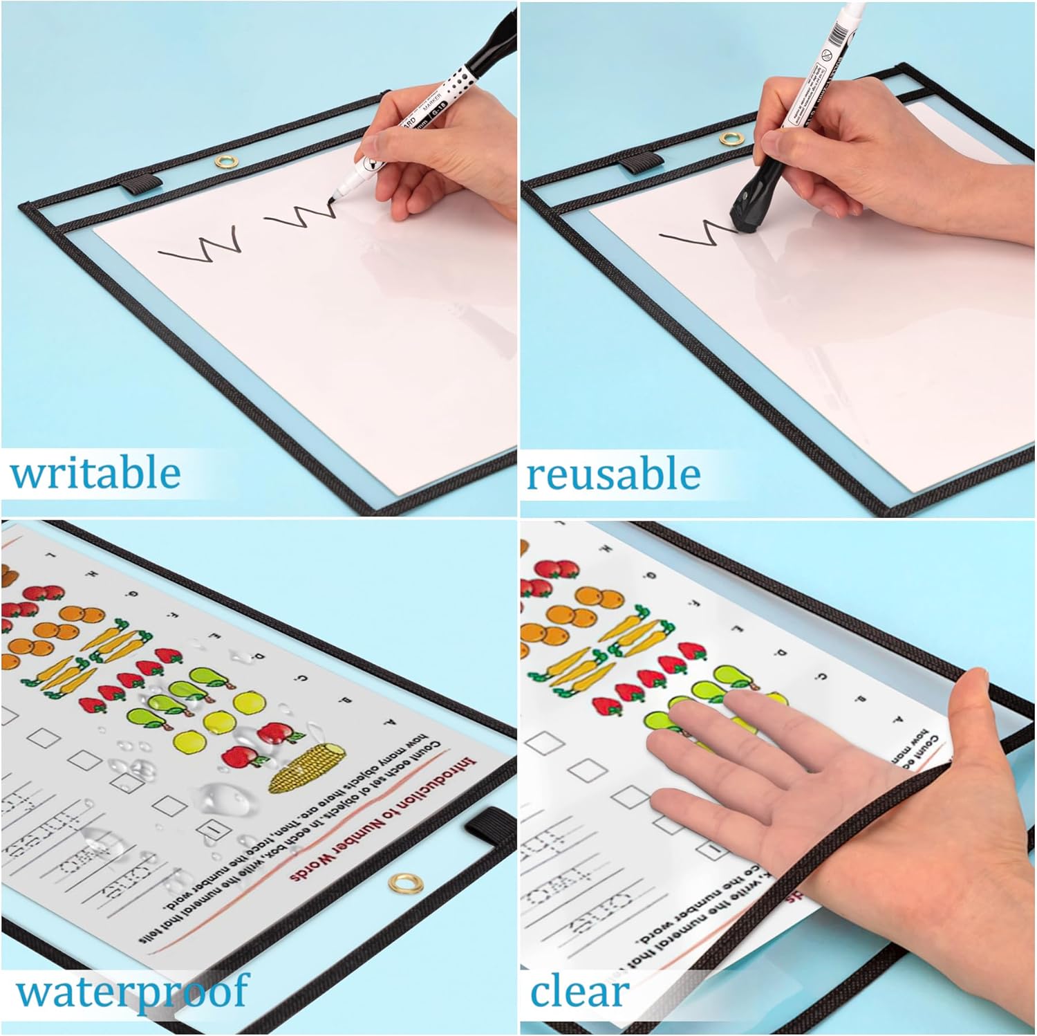 Ndsox 5 Packs Oversized Dry Erase Pockets Reusable Plastic Sleeves Clear Job Ticket Holders Heavy Duty Transparent Hanging Sheet Protectors for Teacher Classroom School Office Work Warehouse, Black