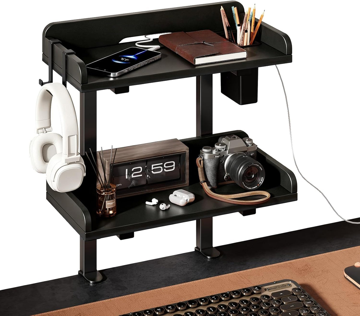 2-Tier Clamp on Wood Desktop Shelf, Adjustable Height Office Desk Organizer