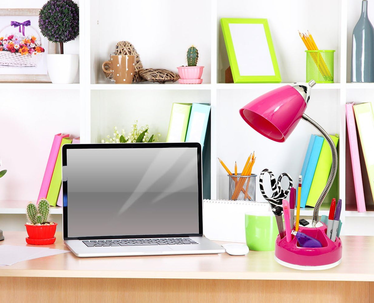 Simple Designs LD1015-PNK Flossy Organizer Desk Lamp with Charging Outlet and...
