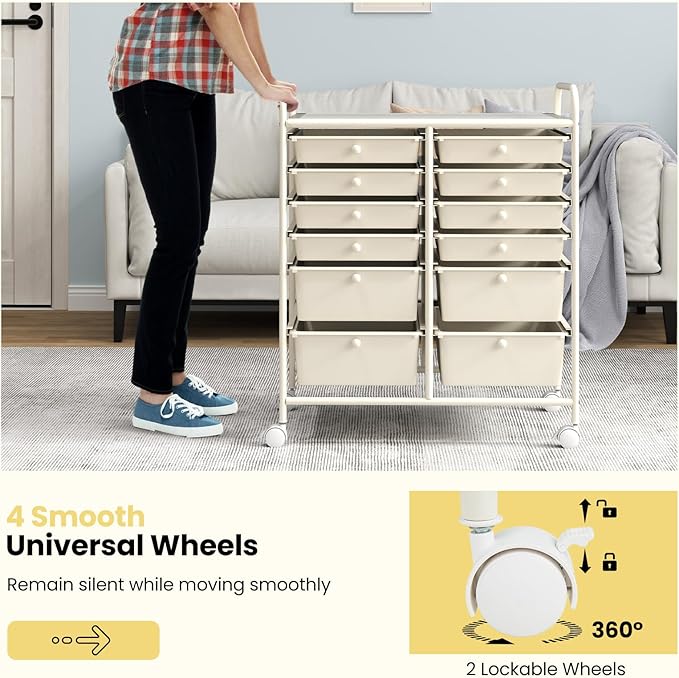LDAILY 12 Drawer Rolling Storage Cart, Craft Cart Organizer on Wheels w/Metal - Image 4