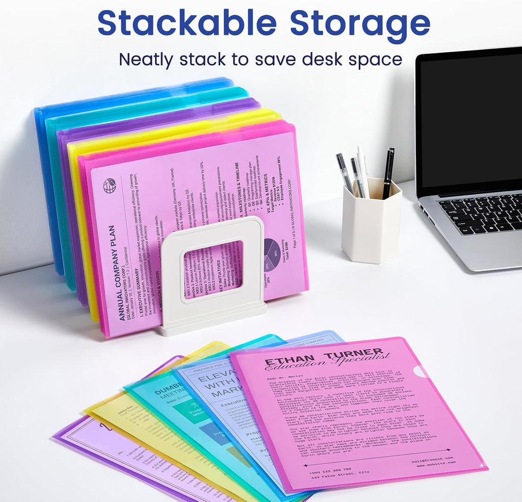 Sooez 25 Pack Clear Document Folder Project Pockets, Clear Plastic Folders Letter Size Plastic Document Folders Paper Poly Jacket Sleeves Folders Copy, 5 Assorted Colors