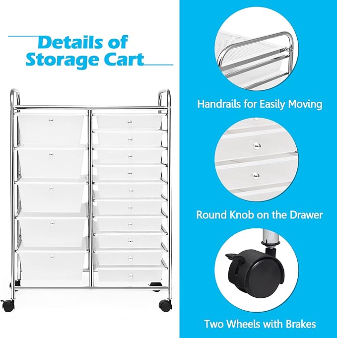 DORTALA 15-Drawer Rolling Storage Cart - Image 6
