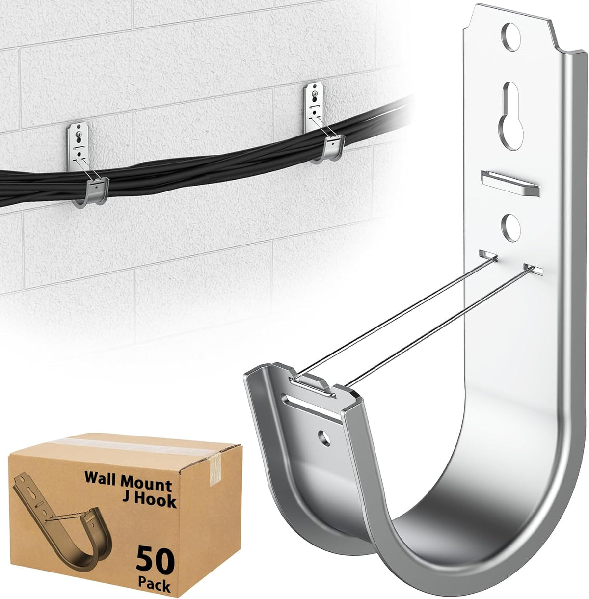 50 Pack 2 Inch Cable Support J Hook Wall Mount J Hook with Retainer Clip, Gal...