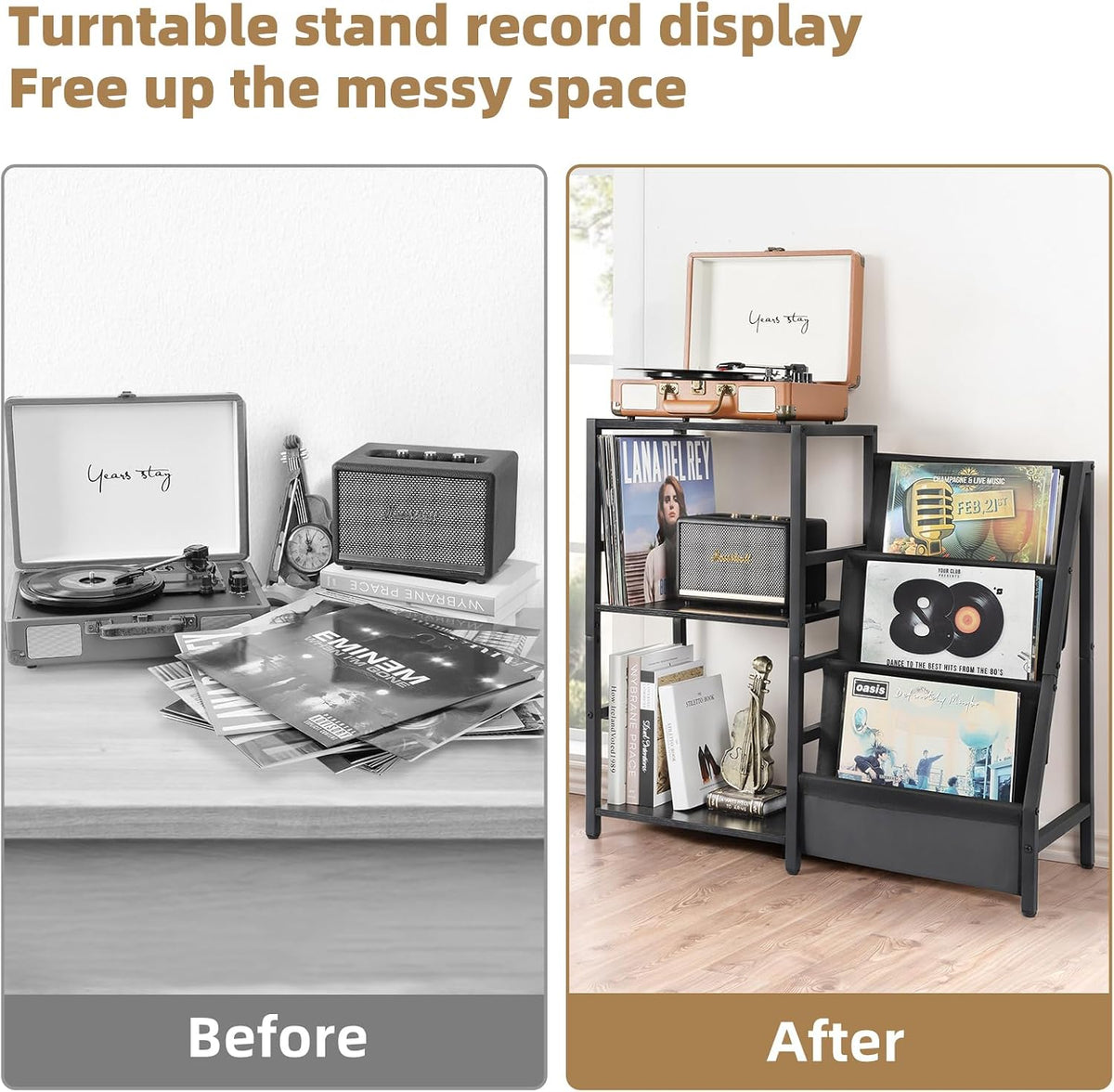 Bikoney Record Player Stand, Turntable Stand with 3-Tier Vinyl Record Storage...