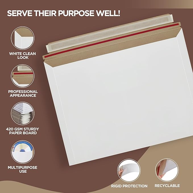 50 Pack 9.5 x 12.5 Inches Rigid Mailers – Self Adhesive White Cardboard - Image 3