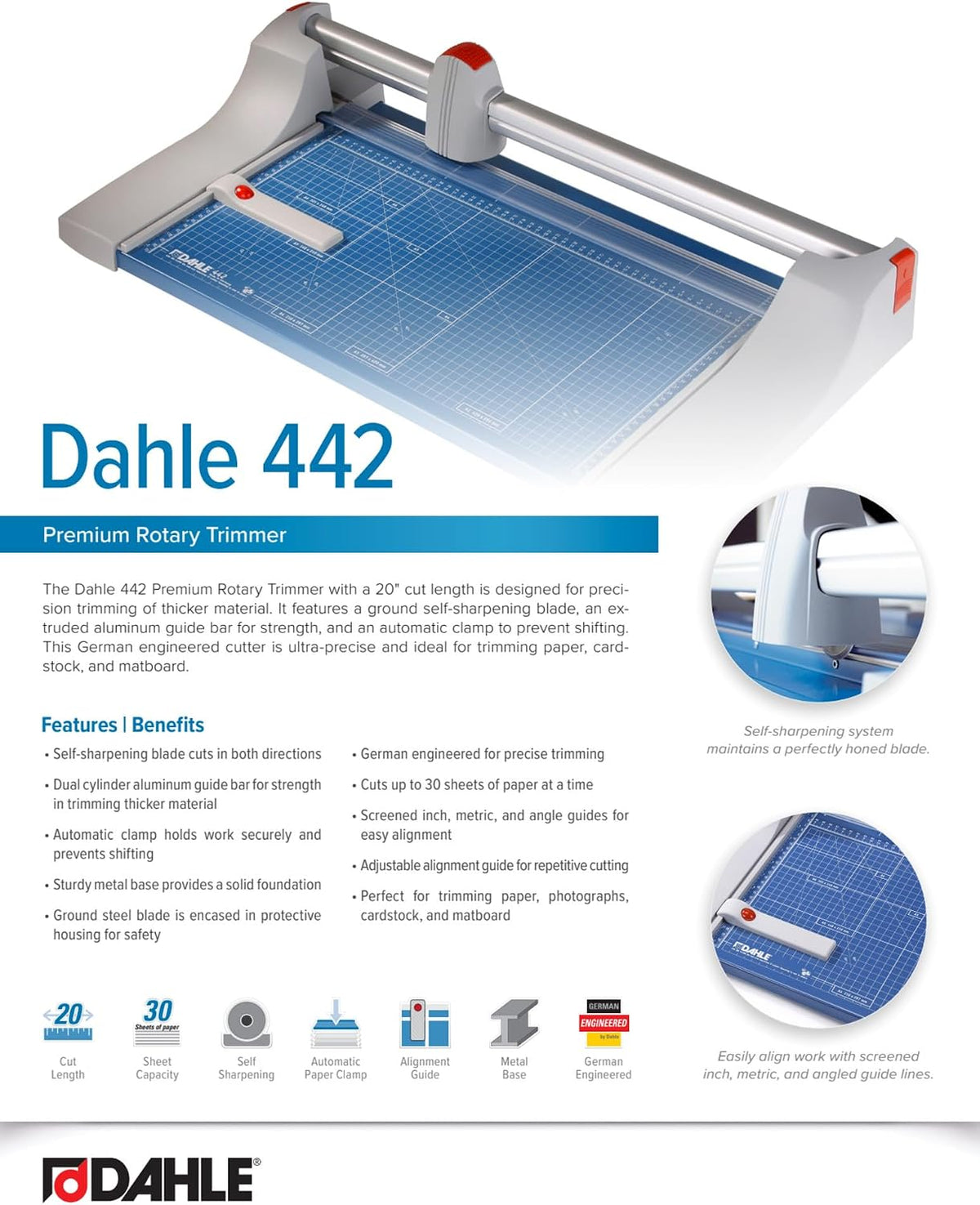 Dahle 442 Premium Rotary Trimmer, 20" Cut Length, 30 Sheet Capacity, Sel...