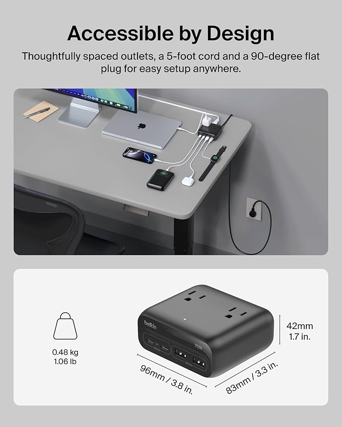 Belkin GaN Charging Station 70W, 7-in-1 Dual USB C Charger w/ 3X AC Outlets - Image 5