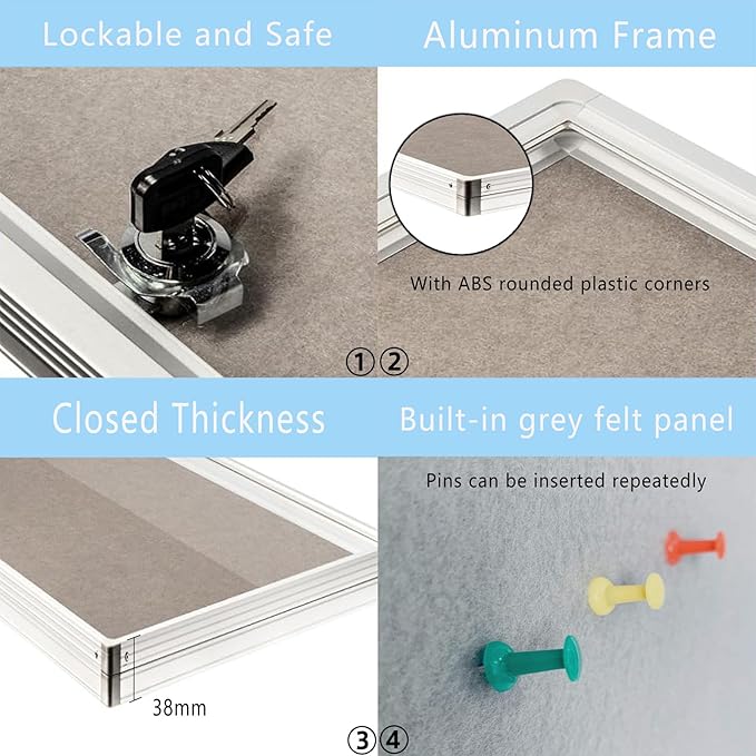 Enclosed Felt Bulletin Board 36x24 inch Lockable Cork Noticeboard Display Cases - Image 4