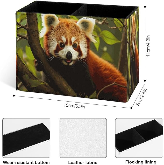 Famame Red Panda Pencil Holder for Desk, Leather Desktop Container Pen Cup - Image 4