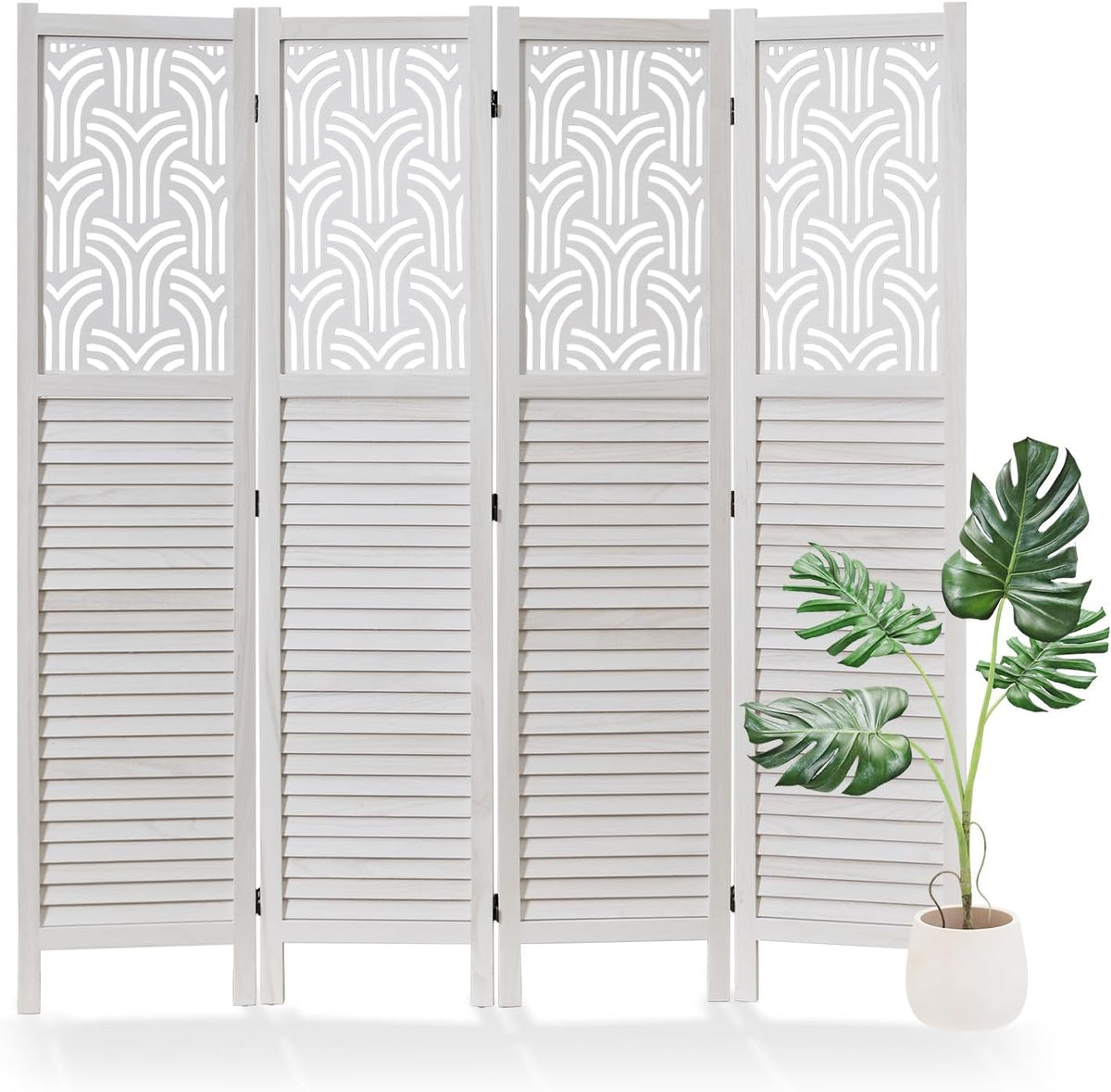 Svimi Folding Room Divider, 66.9 Inch 4 Panels Wood Carved Privacy Screens