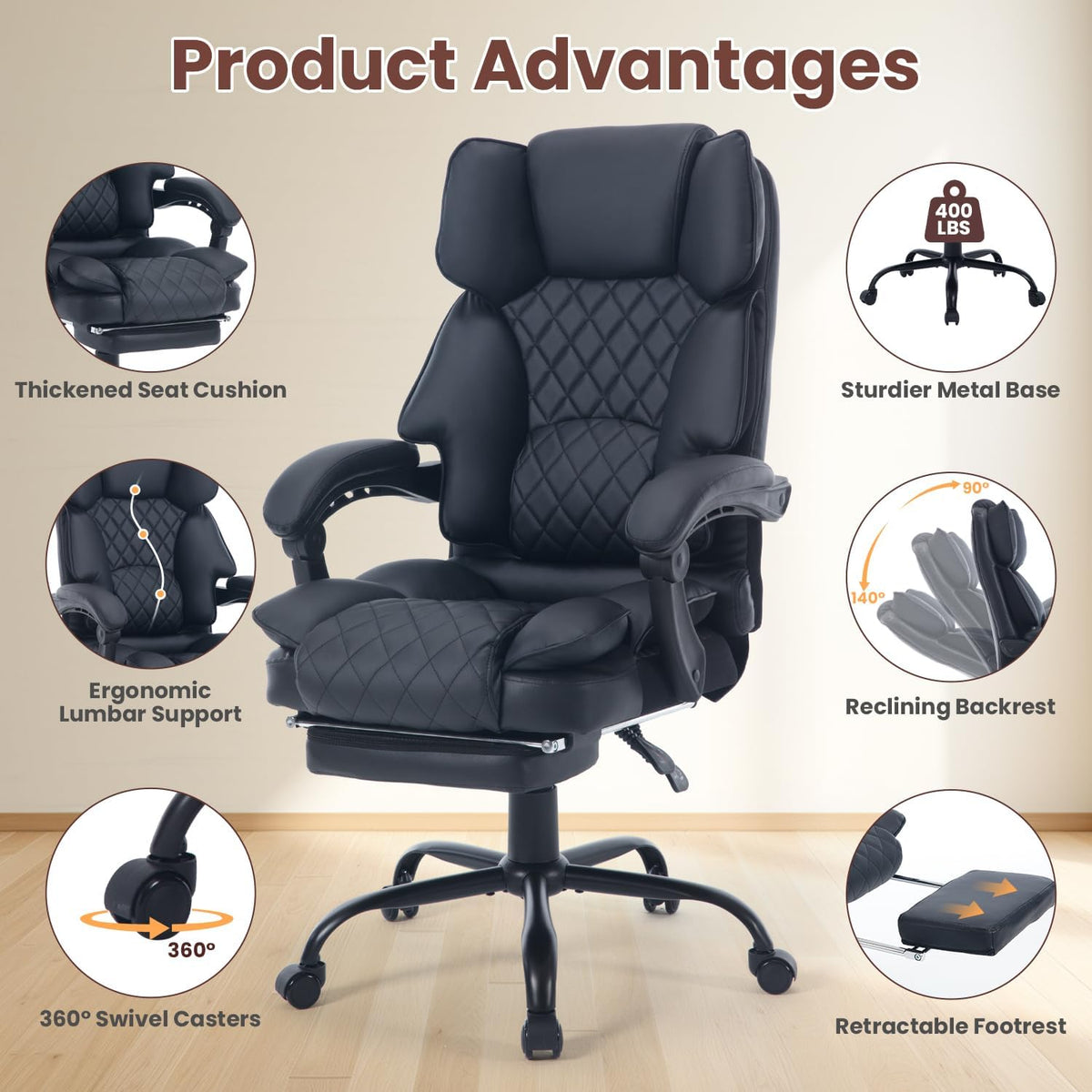 Big Reclining Ergonomic Office Chair with Footrest Black