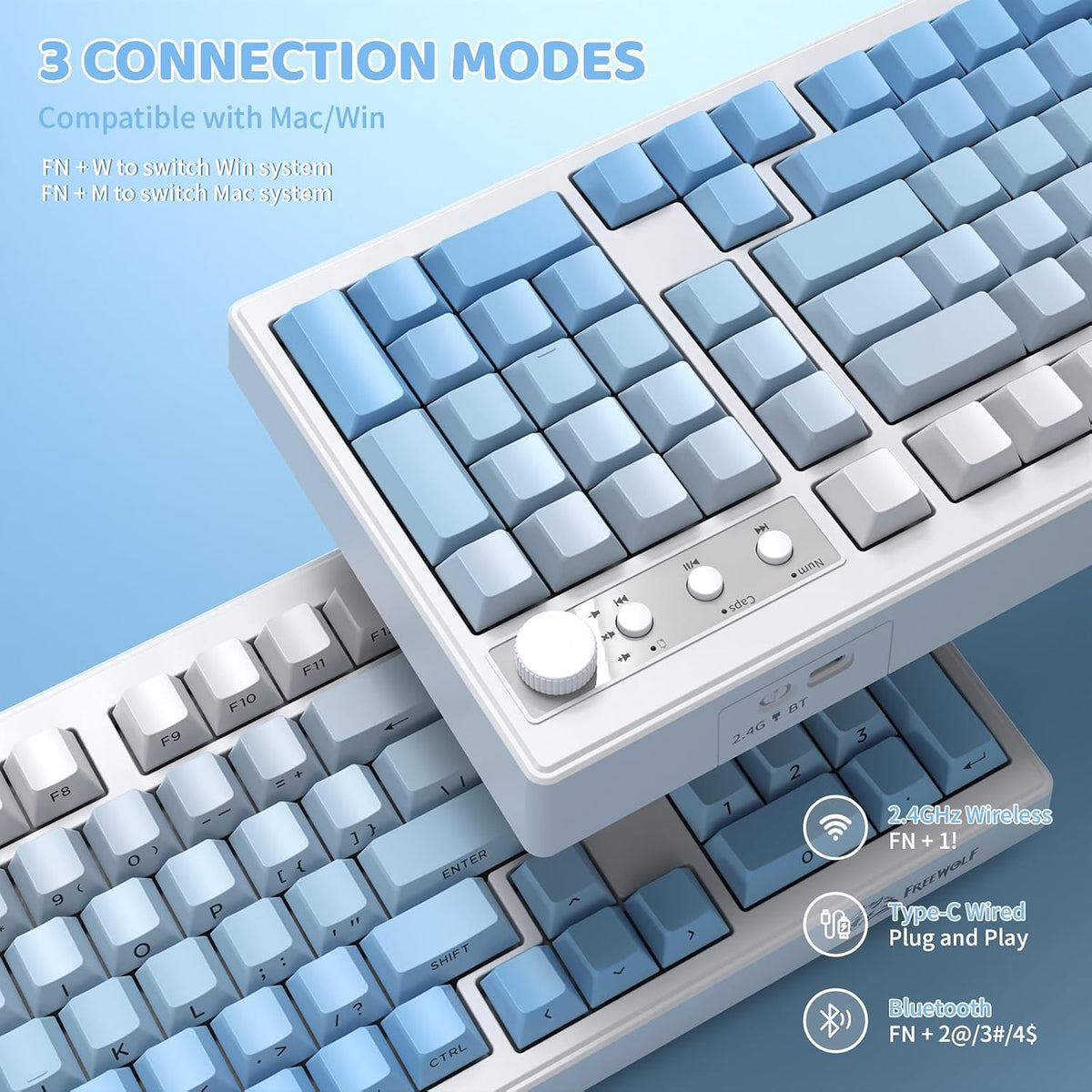 FREEWOLF K100 99 Keys Gaming Membrane Wireless Keyboard with Media Knob,Tri-M...