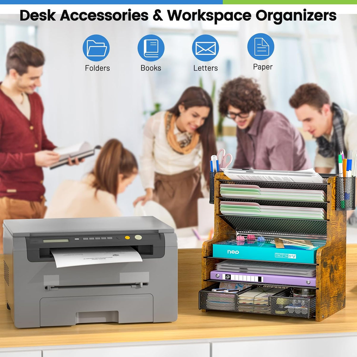 daoutime 6-tier mesh desk organizer with drawer, wooden, package contents