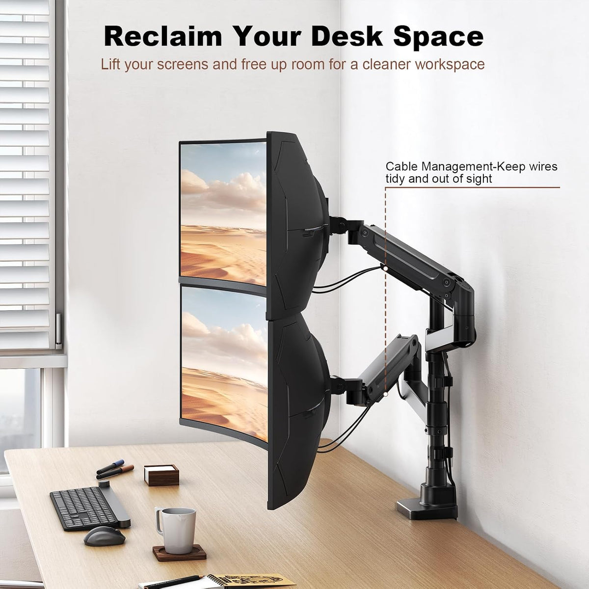 heavy duty dual monitor arm for 17-49" screens, front angle view