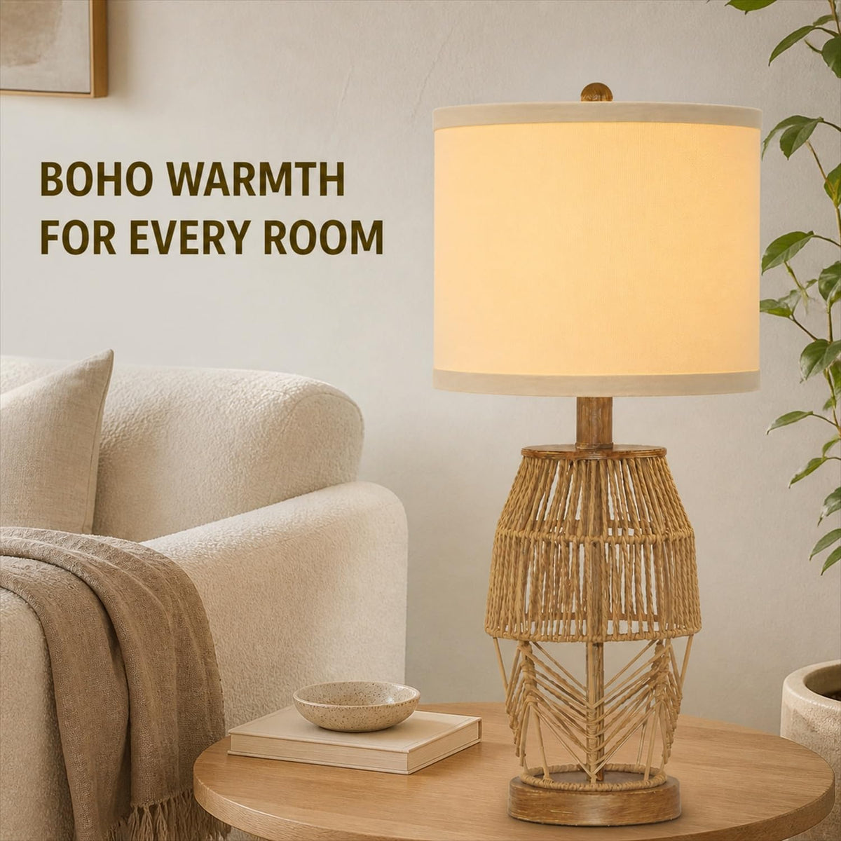 21.5 Inch Boho Table Lamps Set of 2, Rattan Wicker Bedside Lamps