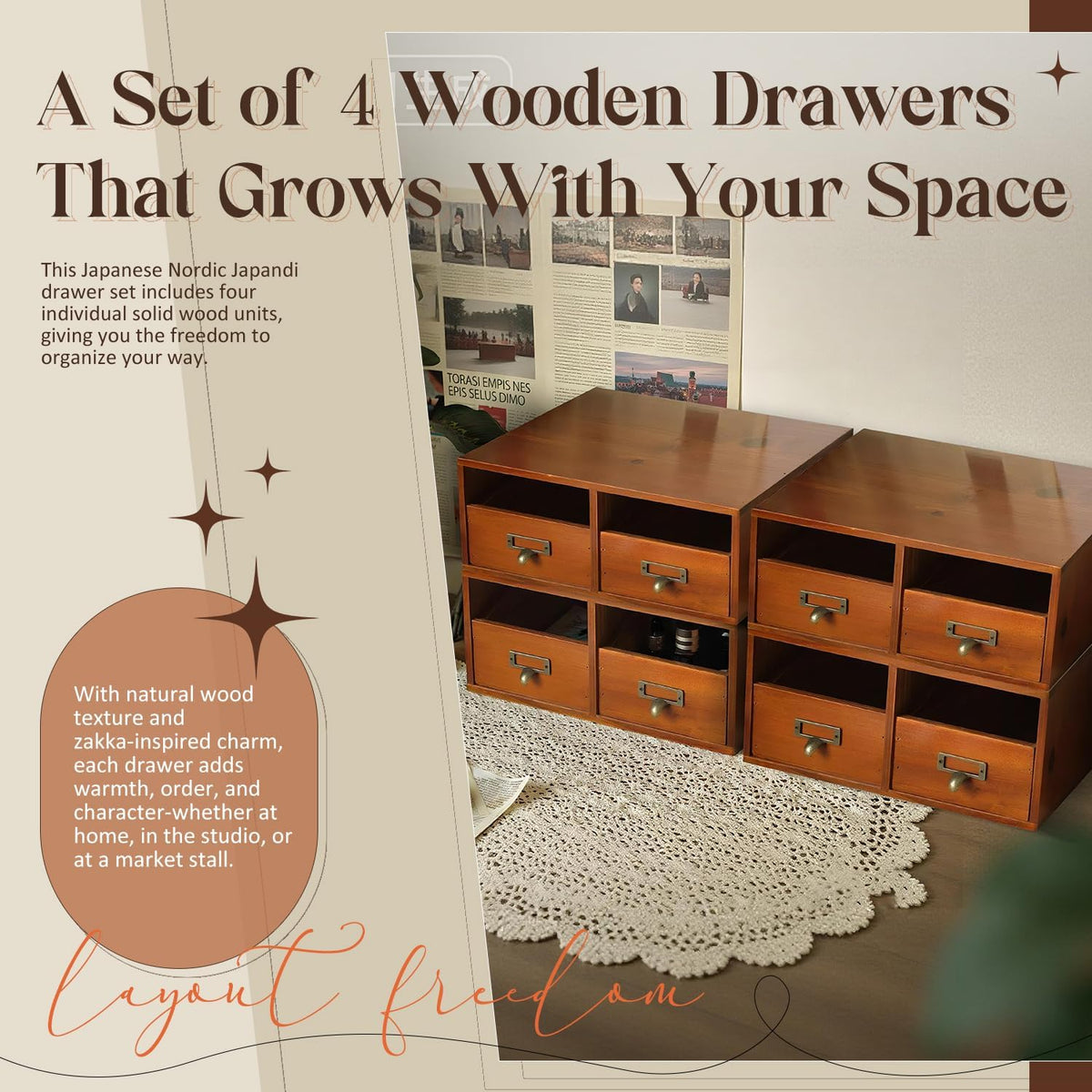 4-Pack Wide Wooden Desktop Drawer Organizer with Brass Label Holders - Horizo...