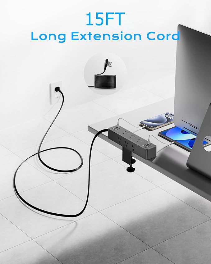 Flat Plug Desk Clamp Power Strip 15FT, 40W Total Fast Charging Station - Image 4