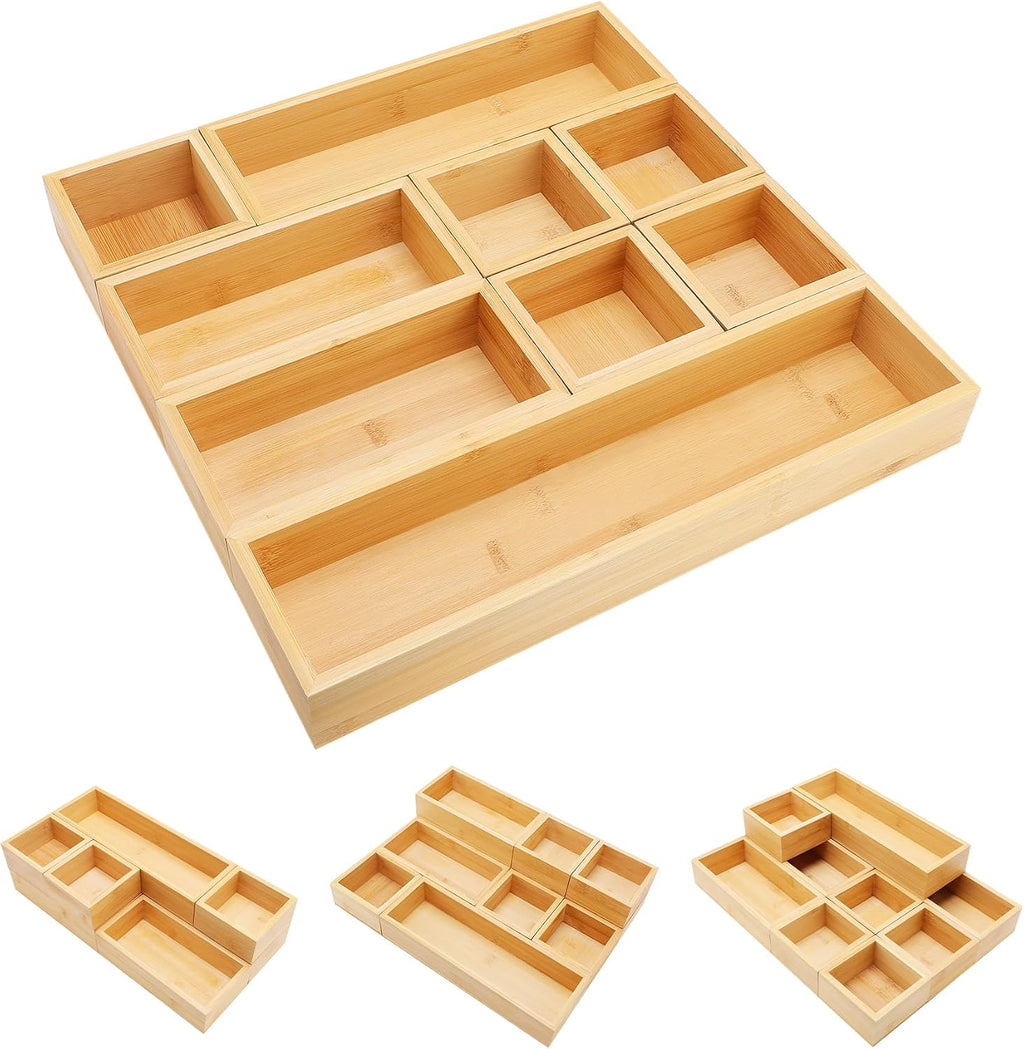 Bamboo Drawer Organizer Set, Junk Drawer Divider and Storage Trays Containers