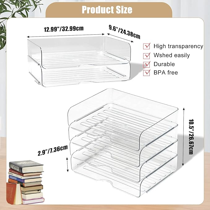 Clear Stackable Paper Trays 4 Pack, PET Letter Tray Desk Organizer, Desktop - Image 4
