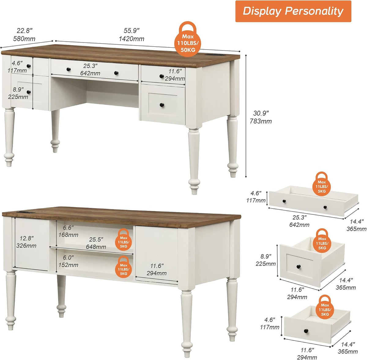 WAMPAT Farmhouse Vanity Desk with 5 Drawers, Off White Makeup Vanity Table