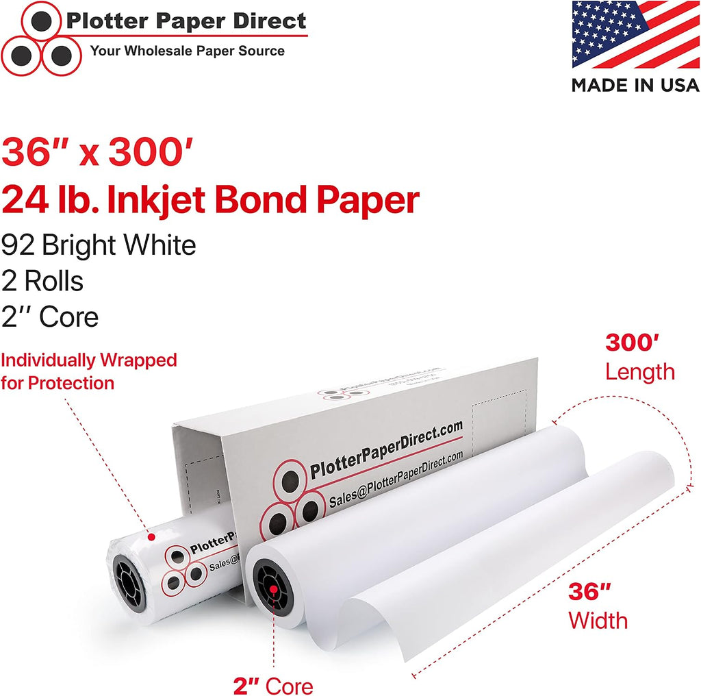 Plotter Paper Direct 36in x 300ft Uncoated White Plotter Paper, 24 Lb, 2'' Core, 92 Bright White, for CAD Printing on Wide Format Ink Jet Printers (2-Pack)
