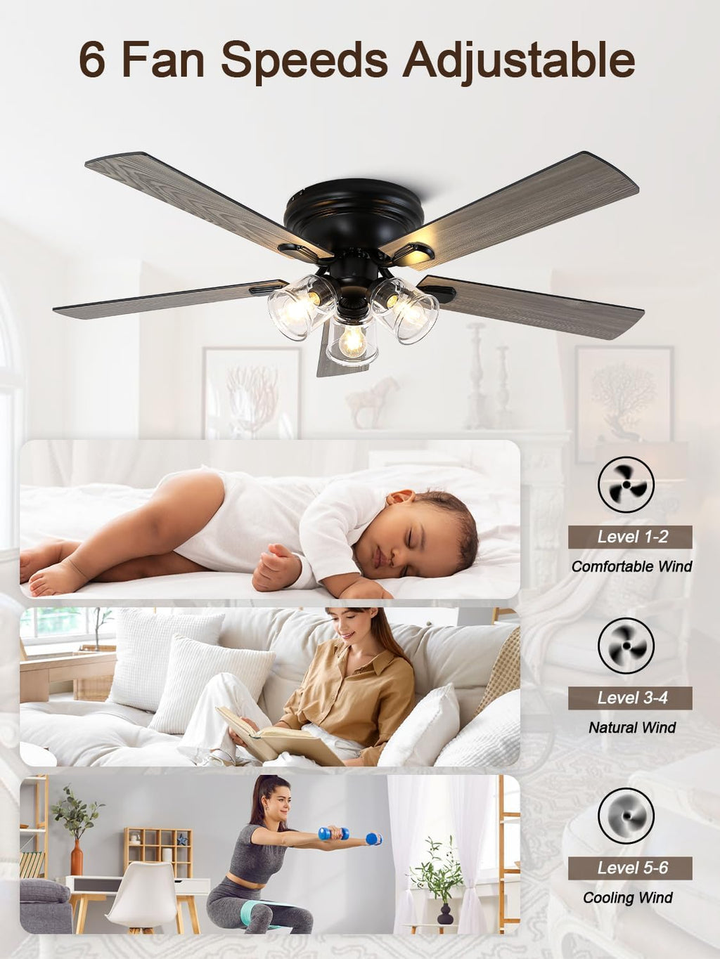 52 inch flush mount farmhouse ceiling fan with on a desk or shelf
