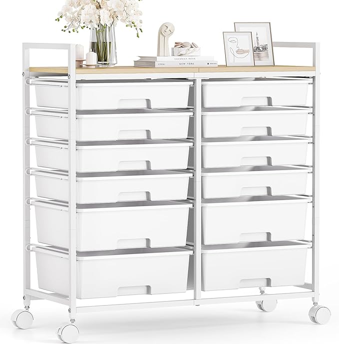 Rolling Storage Cart with 12 Drawers, Wooden Tabletop Utility Cart by TOOLF