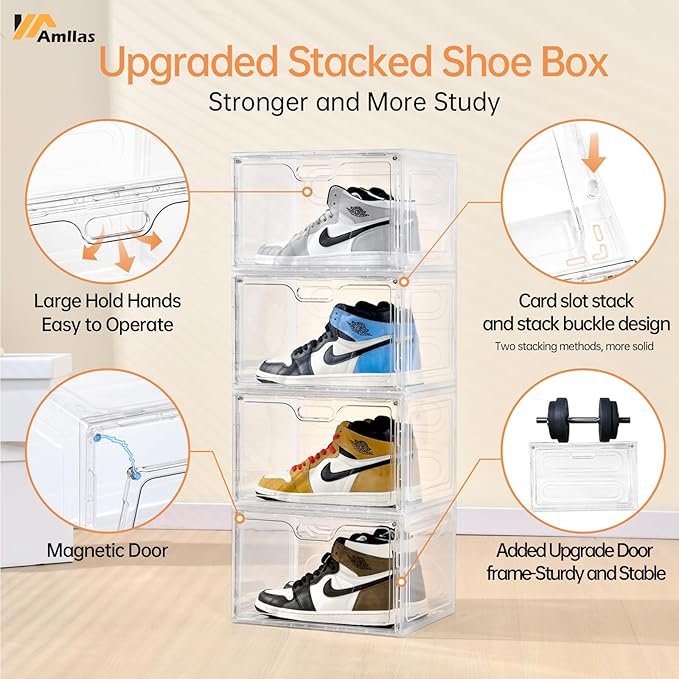 Amllas 8 Pack Shoe Boxes Clear Plastic Stackable, Large Shoe Storage Organizer - Image 3