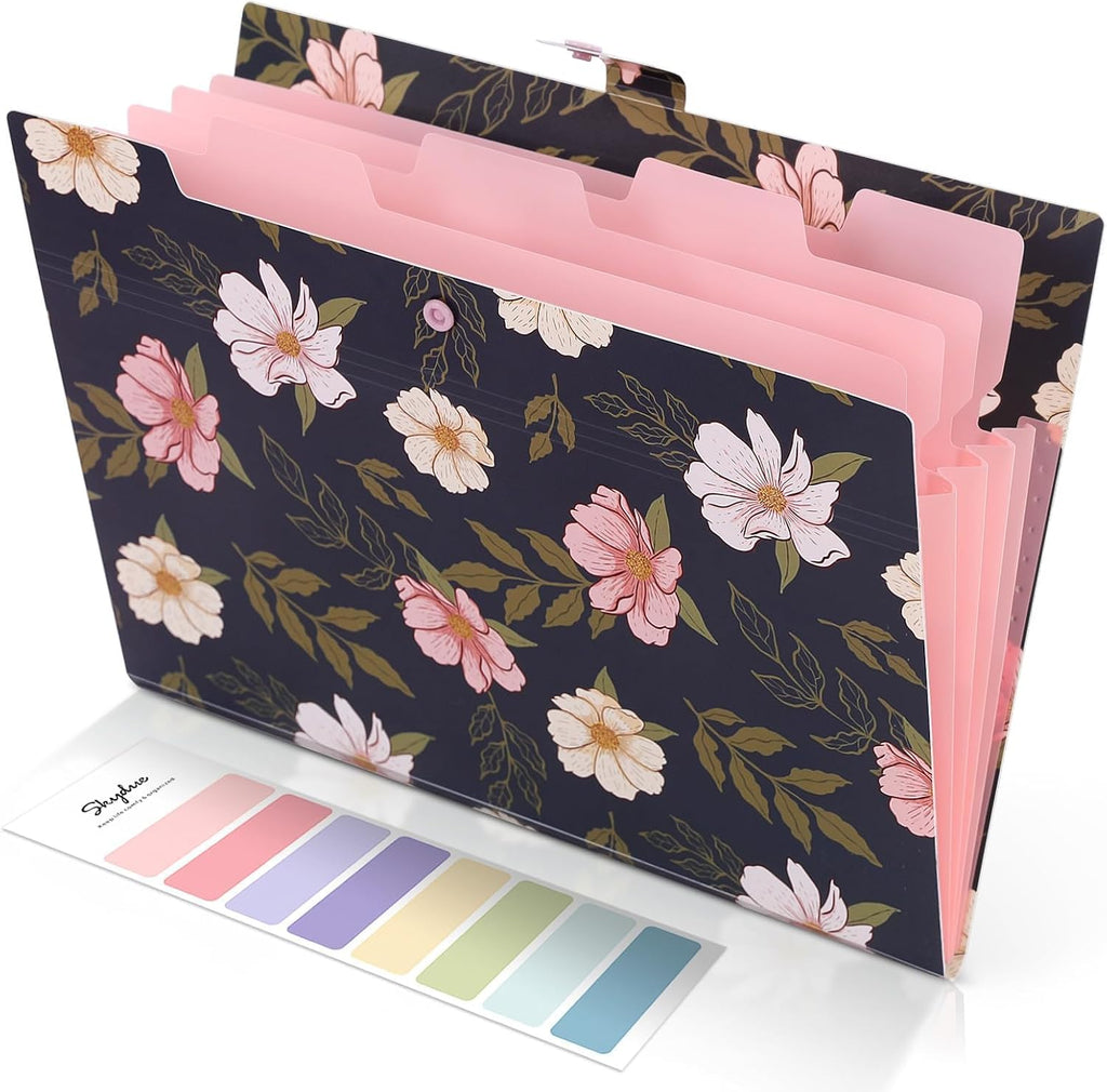SKYDUE Accordion File Organizer, Floral Expanding File Folders with 5 Pockets, Cute Document Organizer for Paper Bills Receipt Storage, School Office & Hospital Supplies Letter/A4 Size Navy Blue