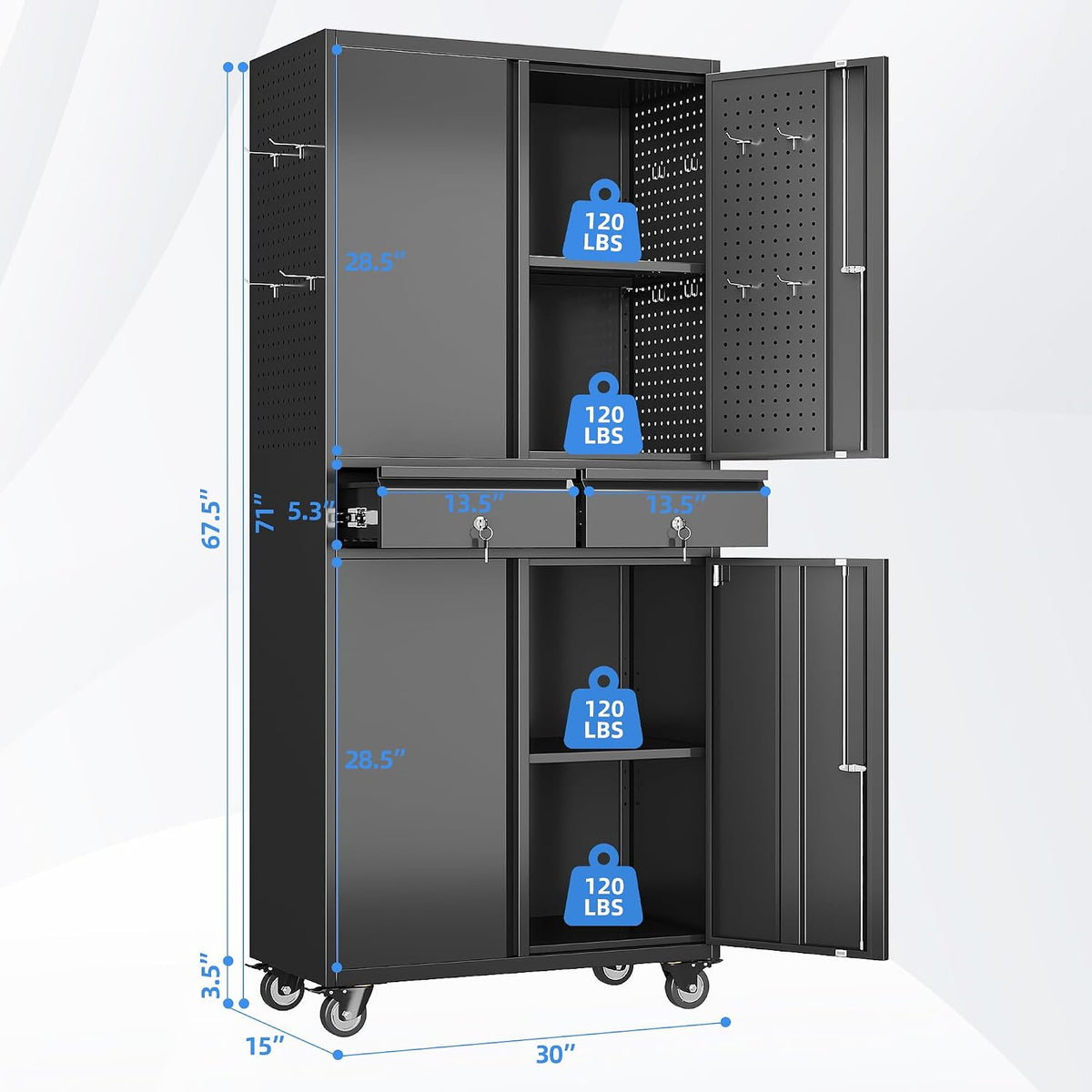 71-inch garage storage cabinet with 2 drawers, wheels, close-up detail