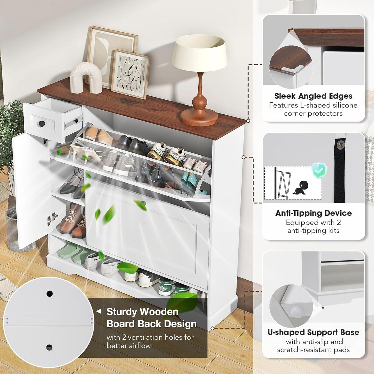 Patiorama Shoe Cabinet with 2 Flip Drawers, Side Cabinet, White