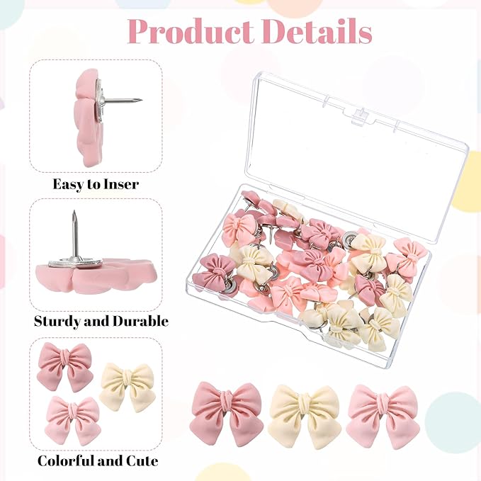 30 Pcs Bow Push Pins, Cute Bow Push Pins, Bulletin Board, Photo Wall, School - Image 3