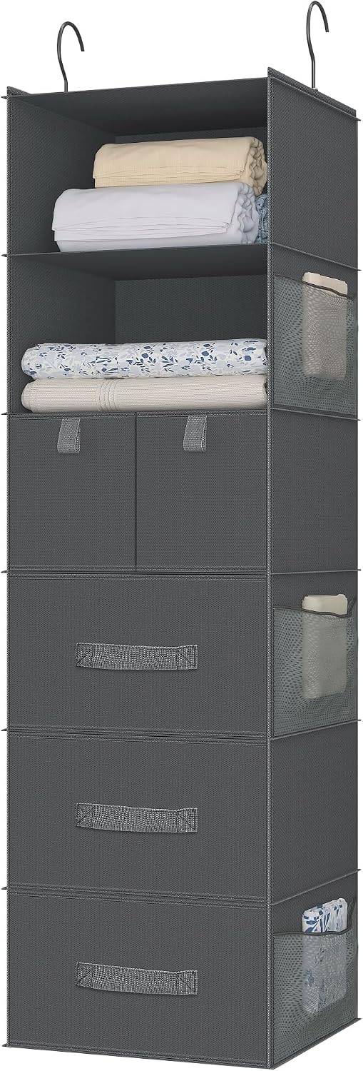 6-Shelf Hanging Closet Organizer with 5 Drawers, Non-Woven, Dark Gray