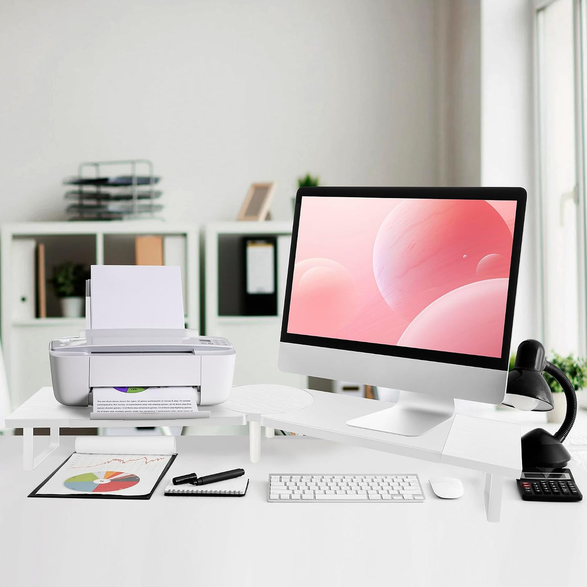 across-star dual-monitor stand for desk - large adjustable shown in use