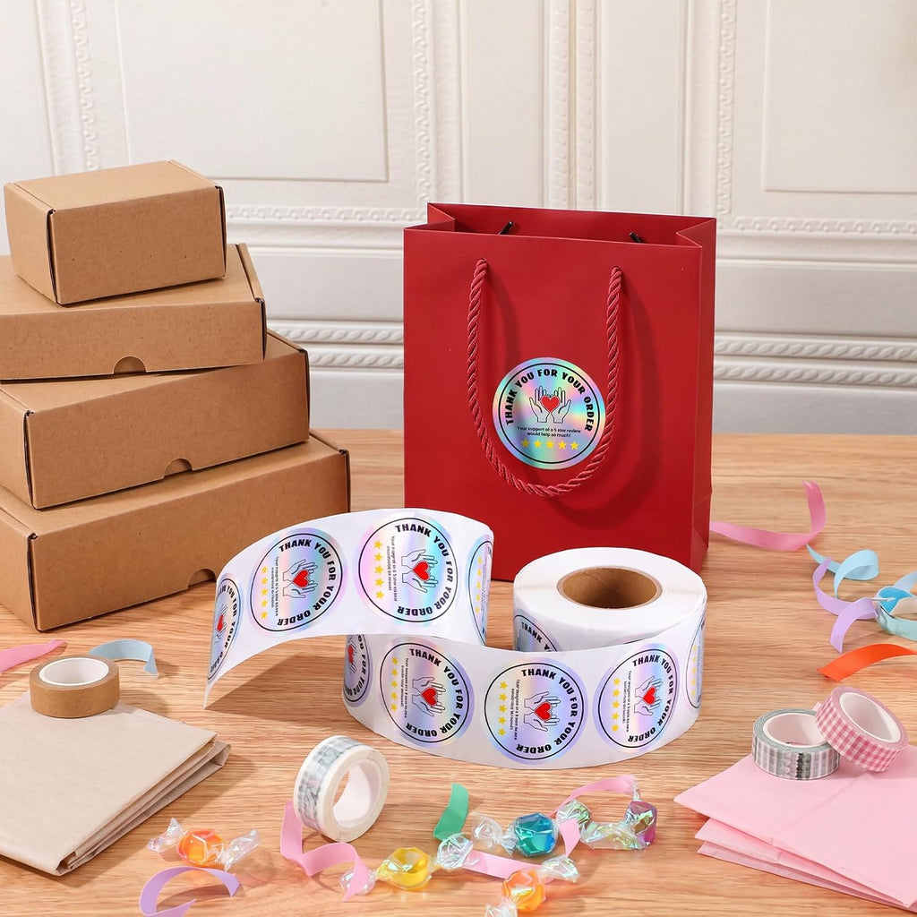 Fulmoon 500 Pcs Thank You for Your Order Stickers Bulk, Round, Holographic | 2 Inch, 5 Star Review Delivery Labels, 5 Star Rating Reminder, Food Delivery Accessories, for Grocery Takeout Driver Packages