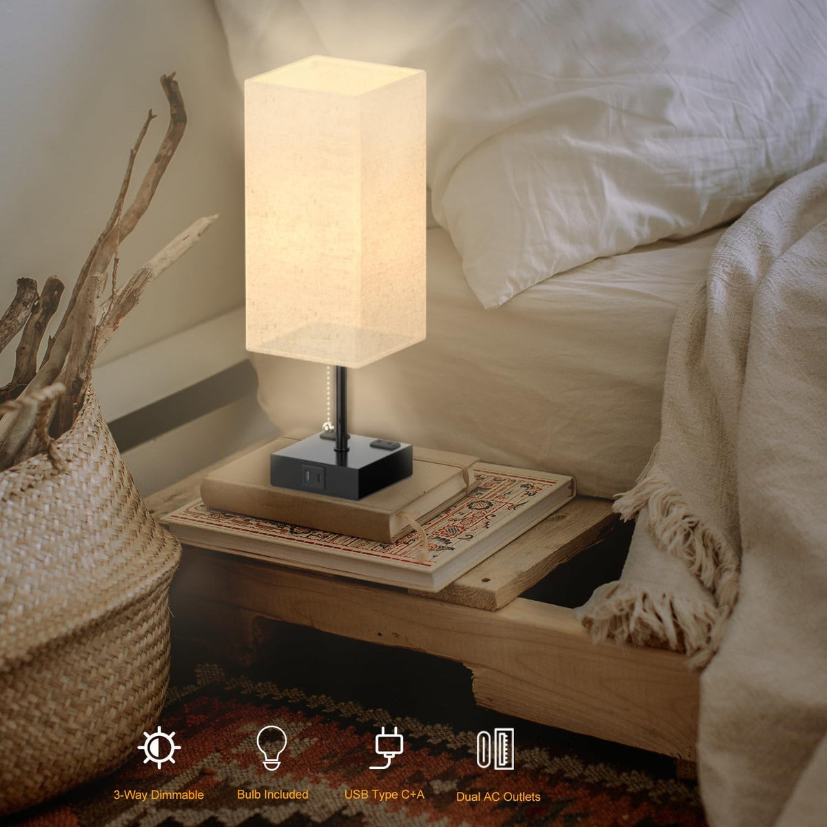YIDPU Table Lamp for Bedroom with USB,Bedside Lamp with USB C+A Charging Port...