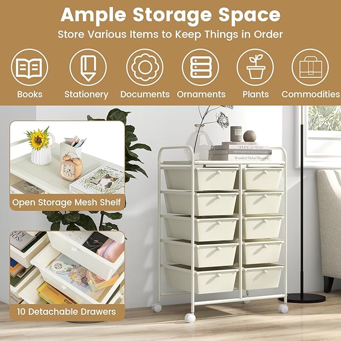 HAPPYGRILL 10-Drawer Rolling Storage Cart, Storage Organizer Cart - Image 3