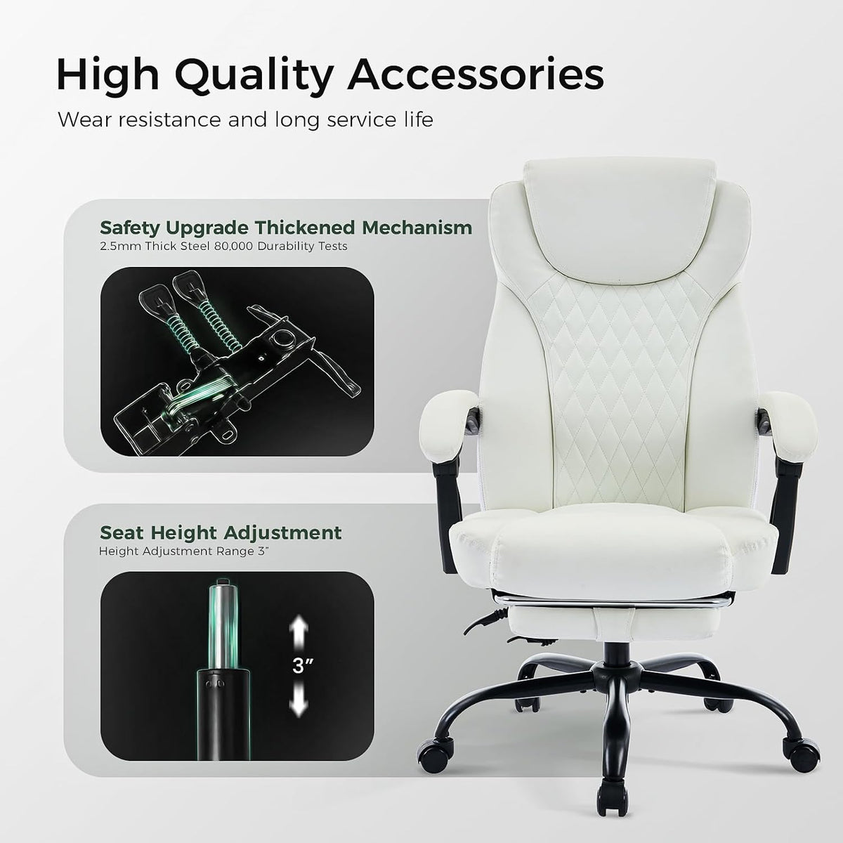 amseatec Big and Tall Office Chair with Footrest, Lumbar Support, White