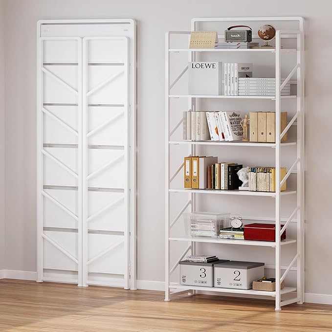 JSB No Assembly Folding Bookshelf, 6 Tier Industrial Metal Book Shelf - Image 4