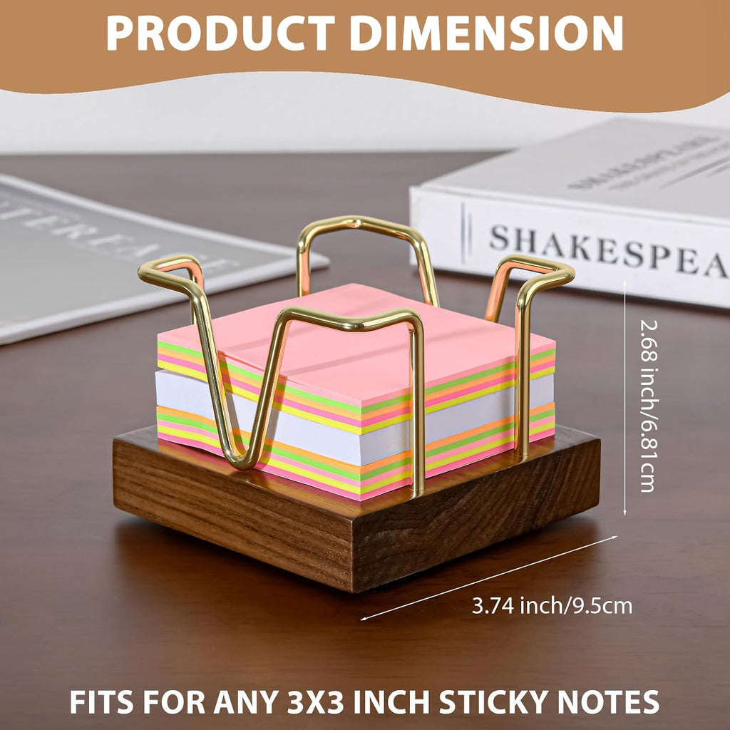 Walnut Wood Sticky Note Holder, 3 x 3 inch Self Stick Note Pad Holder, Post It Note Dispenser Desk Accessories for School and Office Desk Organizer, Gold