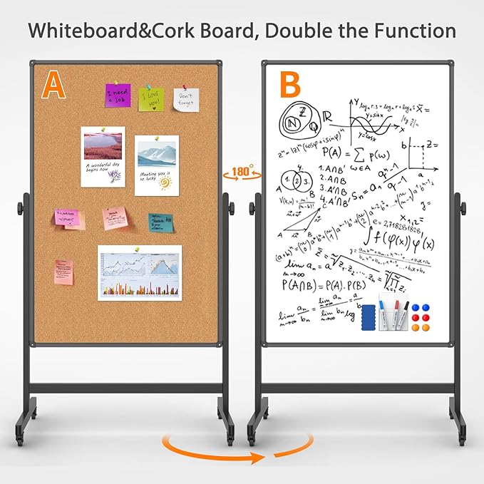 Double-Sided Whiteboard and Corkboard on Wheels, 48 x 32 Inch Magnetic Dry - Image 4