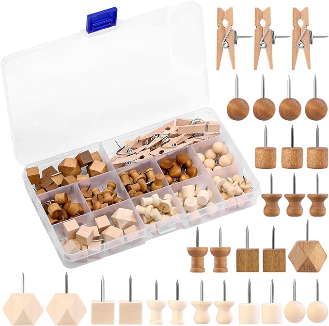 114 Pcs Wood Push Pins, 2 Colors and 7 Types Decorative Thumb Tacks Wooden Head by Imzay